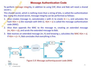 Message Authentication Code
To perform message integrity, in addition to using CHF, Alice and Bob will need a shared
secret s.
This shared secret, which is nothing more than a string of bits, is called the authentication
key. Using this shared secret, message integrity can be performed as follows:
1. Alice creates message m, concatenates s with m to create m + s, and calculates the
hash H(m + s) (for example with SHA-1). H(m + s) is called the message authentication
code (MAC).
2. Alice then appends the MAC to the message m, creating an extended message
(m, H(m + s)), and sends the extended message to Bob.
3. Bob receives an extended message (m, h) and knowing s, calculates the MAC H(m + s).
If H(m + s) = h, Bob concludes that everything is fine.
1/23/2025 25
Dr. Shivashankar, ISE, GAT
Figure 5.9: Message authentiquassion code (MAC
 