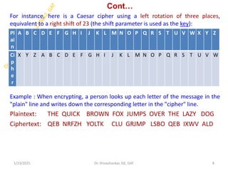 Cont…
For instance, here is a Caesar cipher using a left rotation of three places,
equivalent to a right shift of 23 (the shift parameter is used as the key):
Example : When encrypting, a person looks up each letter of the message in the
"plain" line and writes down the corresponding letter in the "cipher" line.
Plaintext: THE QUICK BROWN FOX JUMPS OVER THE LAZY DOG
Ciphertext: QEB NRFZH YOLTK CLU GRJMP LSBO QEB IXWV ALD
1/23/2025 8
Dr. Shivashankar, ISE, GAT
Pl
ai
n
A B C D E F G H I J K L M N O P Q R S T U V W X Y Z
Ci
p
h
e
r
X Y Z A B C D E F G H I J K L M N O P Q R S T U V W
 