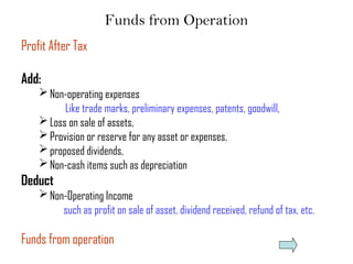 Funds from Operation
Profit After Tax
Add:
Non-operating expenses
Like trade marks, preliminary expenses, patents, goodwill,
Loss on sale of assets,
Provision or reserve for any asset or expenses,
proposed dividends,
Non-cash items such as depreciation
Deduct
Non-Operating Income
such as profit on sale of asset, dividend received, refund of tax, etc.
Funds from operation
 