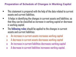 Preparation of Schedule of Changes in Working Capital
• This statement is prepared with the help of the data related to current
assets and current liabilities.
• It helps in identifying the changes in current assets and liabilities, so
that they can be classified as increase in working capital or decrease
in working capital.
• The following rules should be applied to the changes in current
assets and current liabilities:
o An increase in current assets increases working capital
o A decrease in current assets decreases working capital
o An increase in current liabilities decreases working capital
o A decrease in current liabilities increases working capital.
 