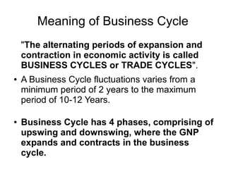 Meaning of Business Cycle
"The alternating periods of expansion and
contraction in economic activity is called
BUSINESS CYCLES or TRADE CYCLES".
● A Business Cycle fluctuations varies from a
minimum period of 2 years to the maximum
period of 10-12 Years.
● Business Cycle has 4 phases, comprising of
upswing and downswing, where the GNP
expands and contracts in the business
cycle.
 