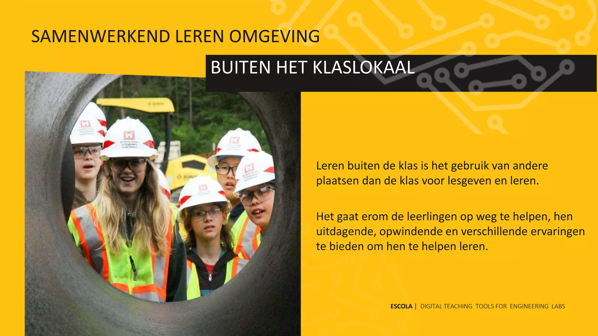 Leren buiten de klas is het gebruik van andere
plaatsen dan de klas voor lesgeven en leren.
Het gaat erom de leerlingen op weg te helpen, hen
uitdagende, opwindende en verschillende ervaringen
te bieden om hen te helpen leren.
BUITEN HET KLASLOKAAL
ESCOLA | DIGITAL TEACHING TOOLS FOR ENGINEERING LABS
SAMENWERKEND LEREN OMGEVING
 