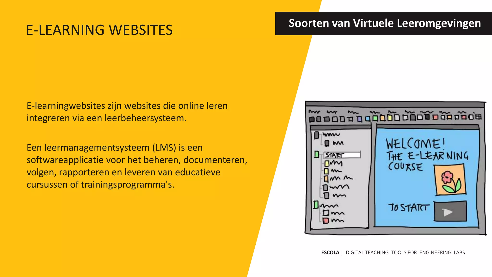 E-learningwebsites zijn websites die online leren
integreren via een leerbeheersysteem.
Een leermanagementsysteem (LMS) is een
softwareapplicatie voor het beheren, documenteren,
volgen, rapporteren en leveren van educatieve
cursussen of trainingsprogramma's.
Soorten van Virtuele Leeromgevingen
ESCOLA | DIGITAL TEACHING TOOLS FOR ENGINEERING LABS
E-LEARNING WEBSITES
 