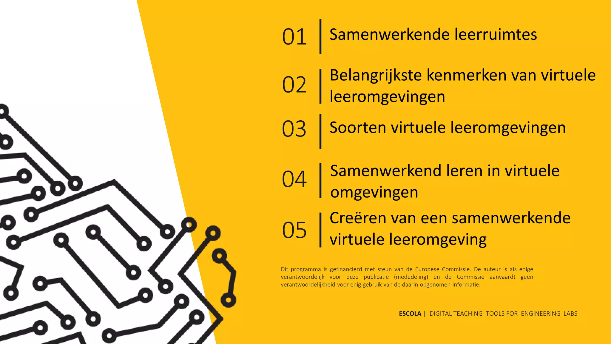 Belangrijkste kenmerken van virtuele
leeromgevingen
Soorten virtuele leeromgevingen
Samenwerkende leerruimtes01
02
03
04
Creëren van een samenwerkende
virtuele leeromgeving
Samenwerkend leren in virtuele
omgevingen
05
Dit programma is gefinancierd met steun van de Europese Commissie. De auteur is als enige
verantwoordelijk voor deze publicatie (mededeling) en de Commissie aanvaardt geen
verantwoordelijkheid voor enig gebruik van de daarin opgenomen informatie.
ESCOLA | DIGITAL TEACHING TOOLS FOR ENGINEERING LABS
 