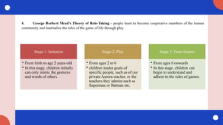 4. George Herbert Mead’s Theory of Role-Taking - people learn to become cooperative members of the human
community and internalize the rules of the game of life through play.
Stage 1: Imitation
• From birth to age 2 years old
• In this stage, children initially
can only mimic the gestures
and words of others.
Stage 2: Play
• From ages 2 to 6
• children leader goals of
specific people, such as of our
private Aurora teacher, or the
teachers they admire such as
Superman or Batman etc.
Stage 3: Team Games
• From ages 6 onwards
• In this stage, children can
begin to understand and
adhere to the rules of games.
 
