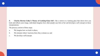 5. Charles Horton Colley’s Theory of Looking-Glass Self - like a mirror or a looking glass that shows how you
look and reflects your image, individual imagines how other people sees him or her and develops a self concept on those
interpretations.
The process consists of three steps:
a. We imagine how we look to others;
b. We interpret others’ reactions (how they evaluate us; and
c. We develop a self-concept.
 