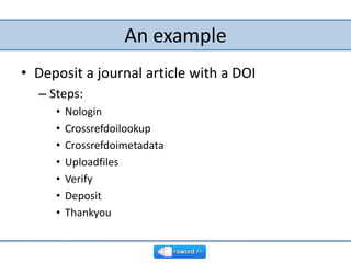 An example<br />Deposit a journal article with a DOI<br />Steps:<br />Nologin<br />Crossrefdoilookup<br />Crossrefdoimetad...