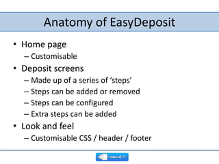 Anatomy of EasyDeposit<br />Home page<br />Customisable<br />Deposit screens<br />Made up of a series of ‘steps’<br />Step...