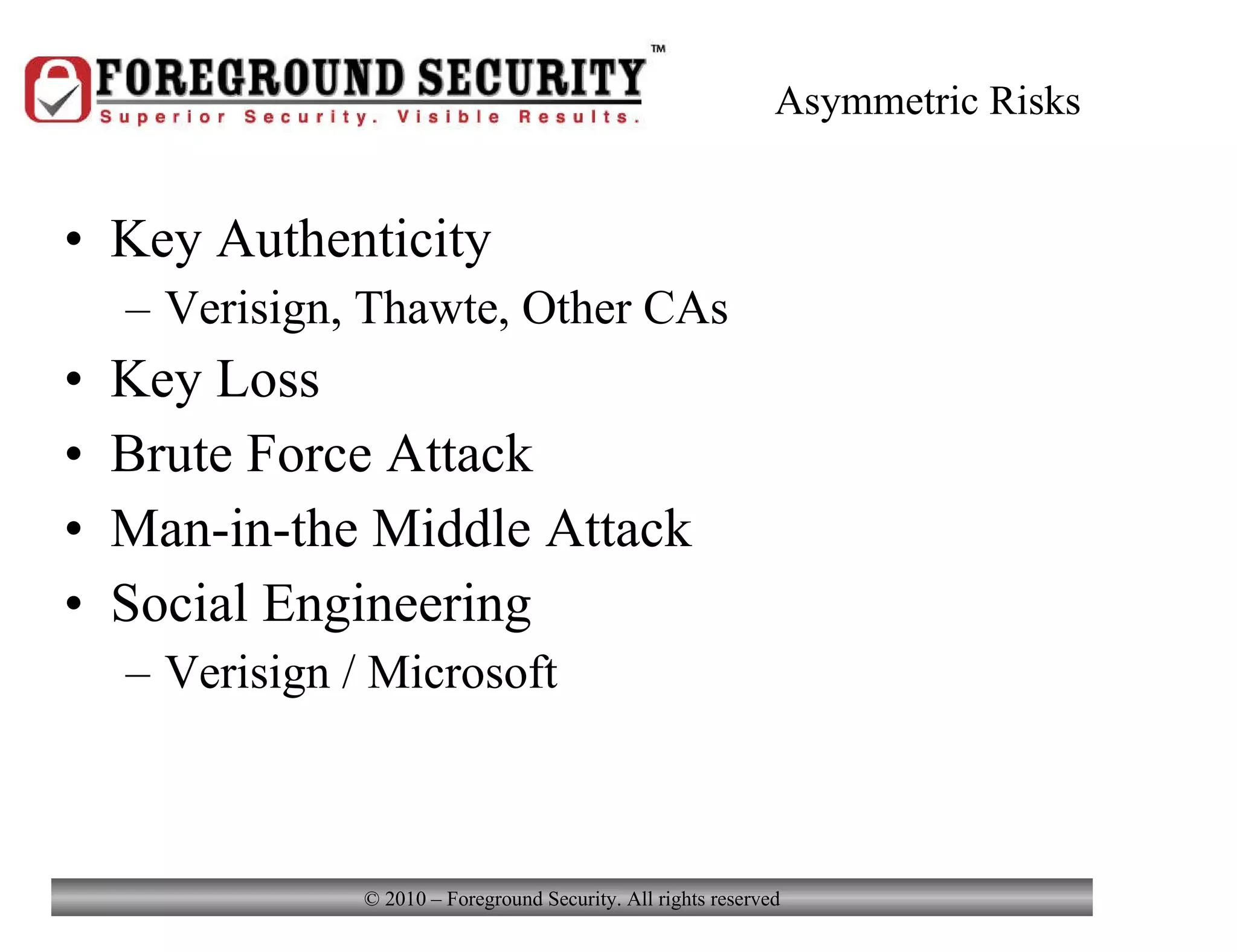 Asymmetric Risks Key Authenticity Verisign, Thawte, Other CAs Key Loss Brute Force Attack Man-in-the Middle Attack Social Engineering Verisign / Microsoft 