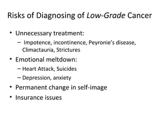 Risks of Diagnosing of Low-Grade Cancer
• Unnecessary treatment:
  – Impotence, incontinence, Peyronie’s disease,
    Climactauria, Strictures
• Emotional meltdown:
  – Heart Attack, Suicides
  – Depression, anxiety
• Permanent change in self-image
• Insurance issues
 