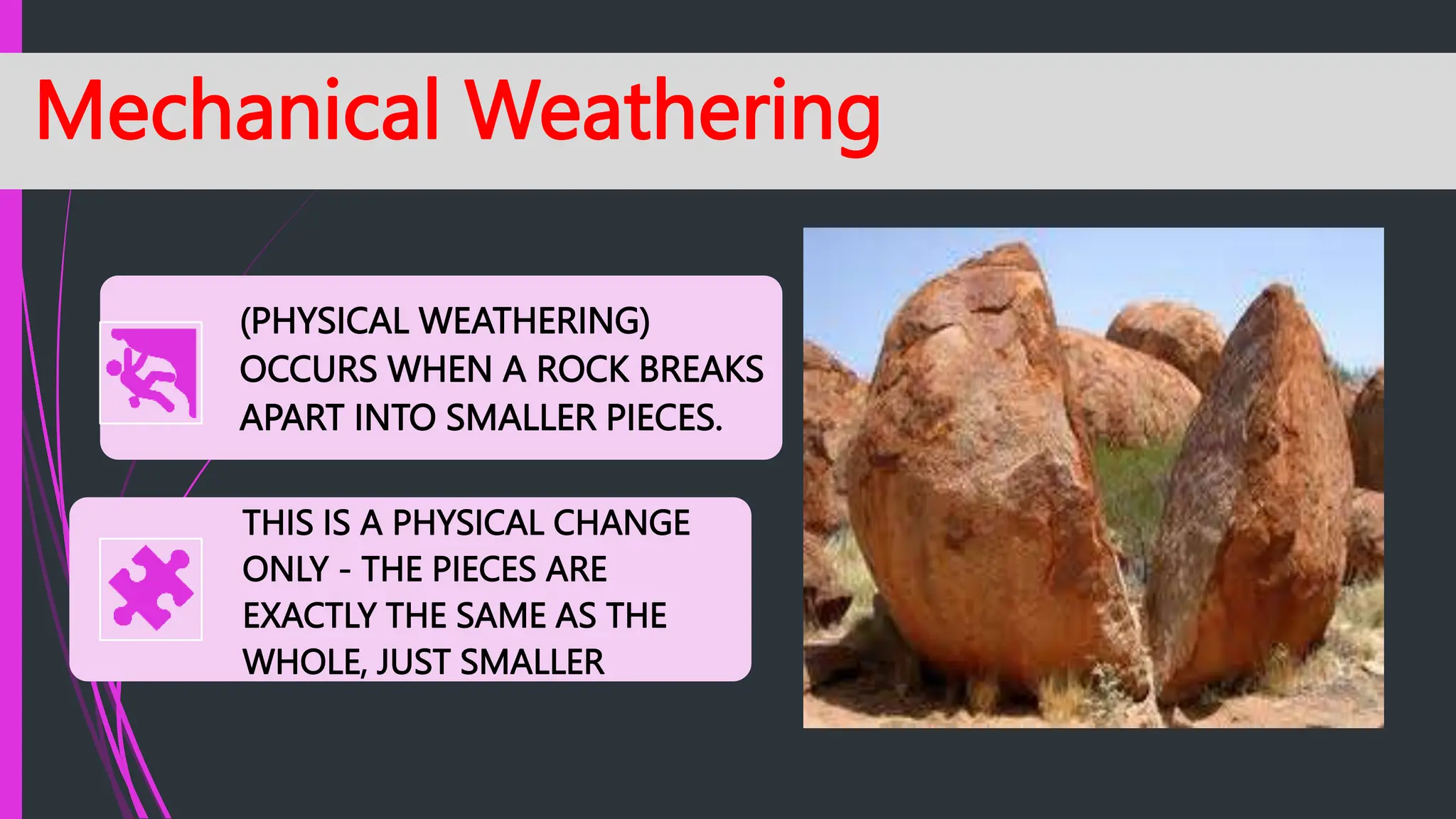 (PHYSICAL WEATHERING)
OCCURS WHEN A ROCK BREAKS
APART INTO SMALLER PIECES.
THIS IS A PHYSICAL CHANGE
ONLY - THE PIECES ARE
EXACTLY THE SAME AS THE
WHOLE, JUST SMALLER
Mechanical Weathering
 