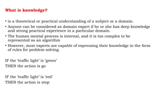 What is knowledge?
• is a theoretical or practical understanding of a subject or a domain.
• Anyone can be considered as domain expert if he or she has deep knowledge
and strong practical experience in a particular domain.
• The human mental process is internal, and it is too complex to be
represented as an algorithm
• However, most experts are capable of expressing their knowledge in the form
of rules for problem solving.
IF the ‘traffic light’ is ‘green’
THEN the action is go
IF the ‘traffic light’ is ‘red’
THEN the action is stop
 
