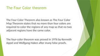 The Four Color theorem
The Four Color Theorem also known as The Four Color
Map Theorem states that no more than four colors are
required to color the regions of any map so that no two
adjacent regions have the same color.
The four-color theorem was proved in 1976 by Kenneth
Appel and Wolfgang Haken after many false proofs.
 