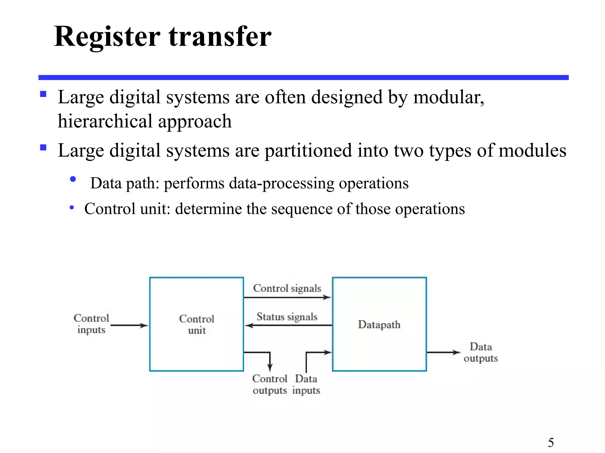 5
Register transfer
 Large digital systems are often designed by modular,
hierarchical approach
 Large digital systems are partitioned into two types of modules
• Data path: performs data-processing operations
• Control unit: determine the sequence of those operations
 