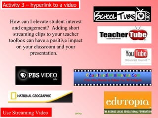 Use Streaming Video  Activity 3 – hyperlink to a video  How can I elevate student interest and engagement?  Adding short streaming clips to your teacher toolbox can have a positive impact on your classroom and your presentation.   