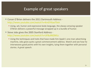 Conan O’Brien delivers the 2011 Dartmouth Address -  http://www.youtube.com/watch?v= KmDYXaaT9sA Using, wit, humor and expressive body language, the always amazing speaker O’Brien delivers a powerful message wrapped up in a bundle of humor. Steve Jobs gives the 2005 Stanford Address -  http://www.youtube.com/watch?v= UF8uR6Z6KLc Using the techniques and traits that have made him Apple’s one-man advertising machine, Jobs gives quite a great commencement address. Watch and see how he interweaves good points with his own insights, tying them together with personal stories. A great speech. Example of great speakers 