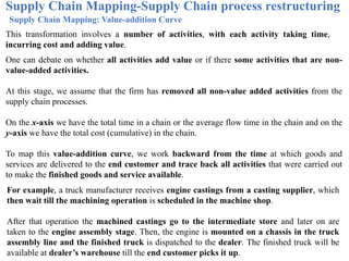 Supply Chain Mapping-Supply Chain process restructuring
Supply Chain Mapping: Value-addition Curve
For example, a truck manufacturer receives engine castings from a casting supplier, which
then wait till the machining operation is scheduled in the machine shop.
After that operation the machined castings go to the intermediate store and later on are
taken to the engine assembly stage. Then, the engine is mounted on a chassis in the truck
assembly line and the finished truck is dispatched to the dealer. The finished truck will be
available at dealer’s warehouse till the end customer picks it up.
This transformation involves a number of activities, with each activity taking time,
incurring cost and adding value.
One can debate on whether all activities add value or if there some activities that are non-
value-added activities.
At this stage, we assume that the firm has removed all non-value added activities from the
supply chain processes.
On the x-axis we have the total time in a chain or the average flow time in the chain and on the
y-axis we have the total cost (cumulative) in the chain.
To map this value-addition curve, we work backward from the time at which goods and
services are delivered to the end customer and trace back all activities that were carried out
to make the finished goods and service available.
 