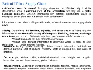 Role of IT in a Supply Chain
Information must be shared. A supply chain can be effective only if all its
stakeholders share a common view of the information that they use to make
business decisions. Different information with different stakeholders results in
misaligned action plans that hurt supply chain performance.
Information is used when making a wide variety of decisions about each supply chain
driver
Facility. Determining the location, capacity, and schedules of a facility requires
information on the trade-offs among efficiency and flexibility, demand, exchange
rates, taxes, and so on. Walmart’s suppliers use the demand information from.
Walmart’s stores to set their production schedules.
Walmart uses demand information to determine where to place its new
stores and cross-docking facilities.
Inventory. Setting optimal inventory policies requires information that includes
demand patterns, cost of carrying inventory, costs of stocking out, and costs of
ordering.
For example, Walmart collects detailed demand, cost, margin, and supplier
information to make these inventory policy decisions.
Transportation. Deciding on transportation networks, routings, modes, shipments,
and vendors requires information about costs, customer locations, and shipment
 