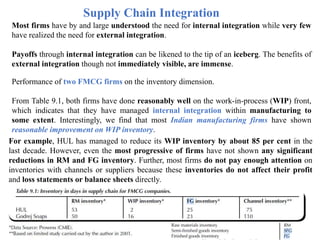 Supply Chain Integration
Most firms have by and large understood the need for internal integration while very few
have realized the need for external integration.
Payoffs through internal integration can be likened to the tip of an iceberg. The benefits of
external integration though not immediately visible, are immense.
Performance of two FMCG firms on the inventory dimension.
From Table 9.1, both firms have done reasonably well on the work-in-process (WIP) front,
which indicates that they have managed internal integration within manufacturing to
some extent. Interestingly, we find that most Indian manufacturing firms have shown
reasonable improvement on WIP inventory.
For example, HUL has managed to reduce its WIP inventory by about 85 per cent in the
last decade. However, even the most progressive of firms have not shown any significant
reductions in RM and FG inventory. Further, most firms do not pay enough attention on
inventories with channels or suppliers because these inventories do not affect their profit
and loss statements or balance sheets directly.
 