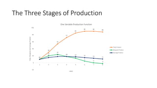 The Three Stages of Production
10
30
54
72
85
90 90 88
10
20
24
18
13
5
0 -2
10
15
18 18 17 15 13 11
-20
0
20
40
60
80
100
1 2 3 4 5 6 7 8
Total,
Marginal
and
Average
Product
Labor
One Variable Production Function
Total Product
Marginal Product
Average Product
 