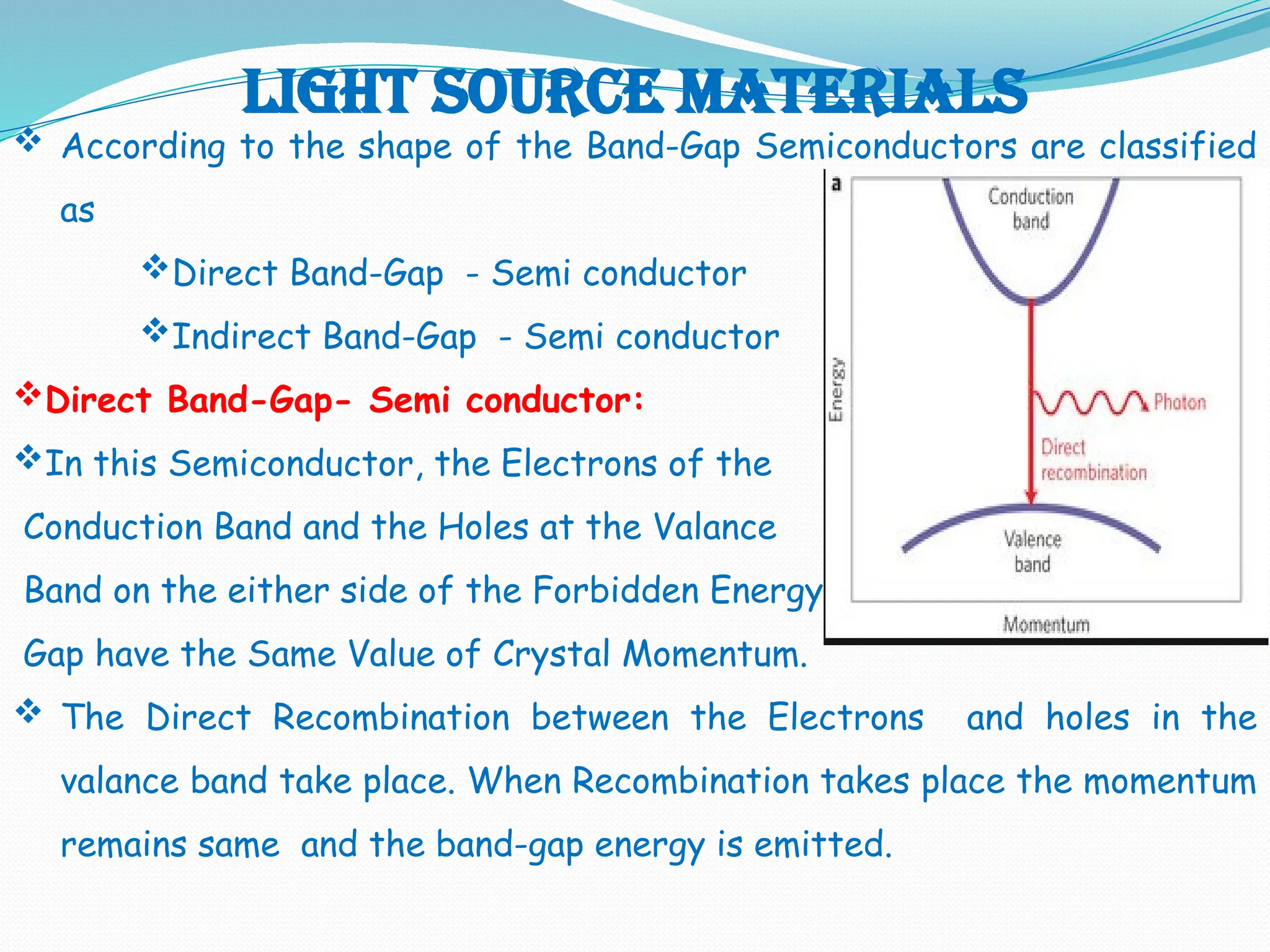 Light source materials
 According to the shape of the Band-Gap Semiconductors are classified
as
Direct Band-Gap - Semi conductor
Indirect Band-Gap - Semi conductor
Direct Band-Gap- Semi conductor:
In this Semiconductor, the Electrons of the
Conduction Band and the Holes at the Valance
Band on the either side of the Forbidden Energy
Gap have the Same Value of Crystal Momentum.
 The Direct Recombination between the Electrons and holes in the
valance band take place. When Recombination takes place the momentum
remains same and the band-gap energy is emitted.
 