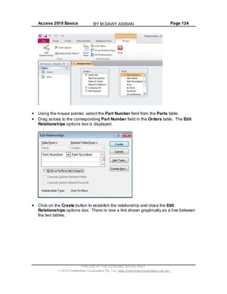 Access 2010 Basics Page 124
Using the mouse pointer, select the Part Number field from the Parts table.
Drag across to the corresponding Part Number field in the Orders table. The Edit
Relationships options box is displayed.
Click on the Create button to establish the relationship and close the Edit
Relationships options box. There is now a link shown graphically as a line between
the two tables.
FOR USE AT THE LICENSED SITE(S) ONLY
2010 Cheltenham Courseware Pty. Ltd. www.cheltenhamcourseware.com.au
BY M.DAWY.ASWAN
 