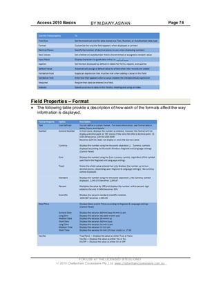 Access 2010 Basics Page 74
Field Properties Format
The following table provide a description of how each of the formats affect the way
information is displayed.
FOR USE AT THE LICENSED SITE(S) ONLY
2010 Cheltenham Courseware Pty. Ltd. www.cheltenhamcourseware.com.au
BY M.DAWY.ASWAN
 