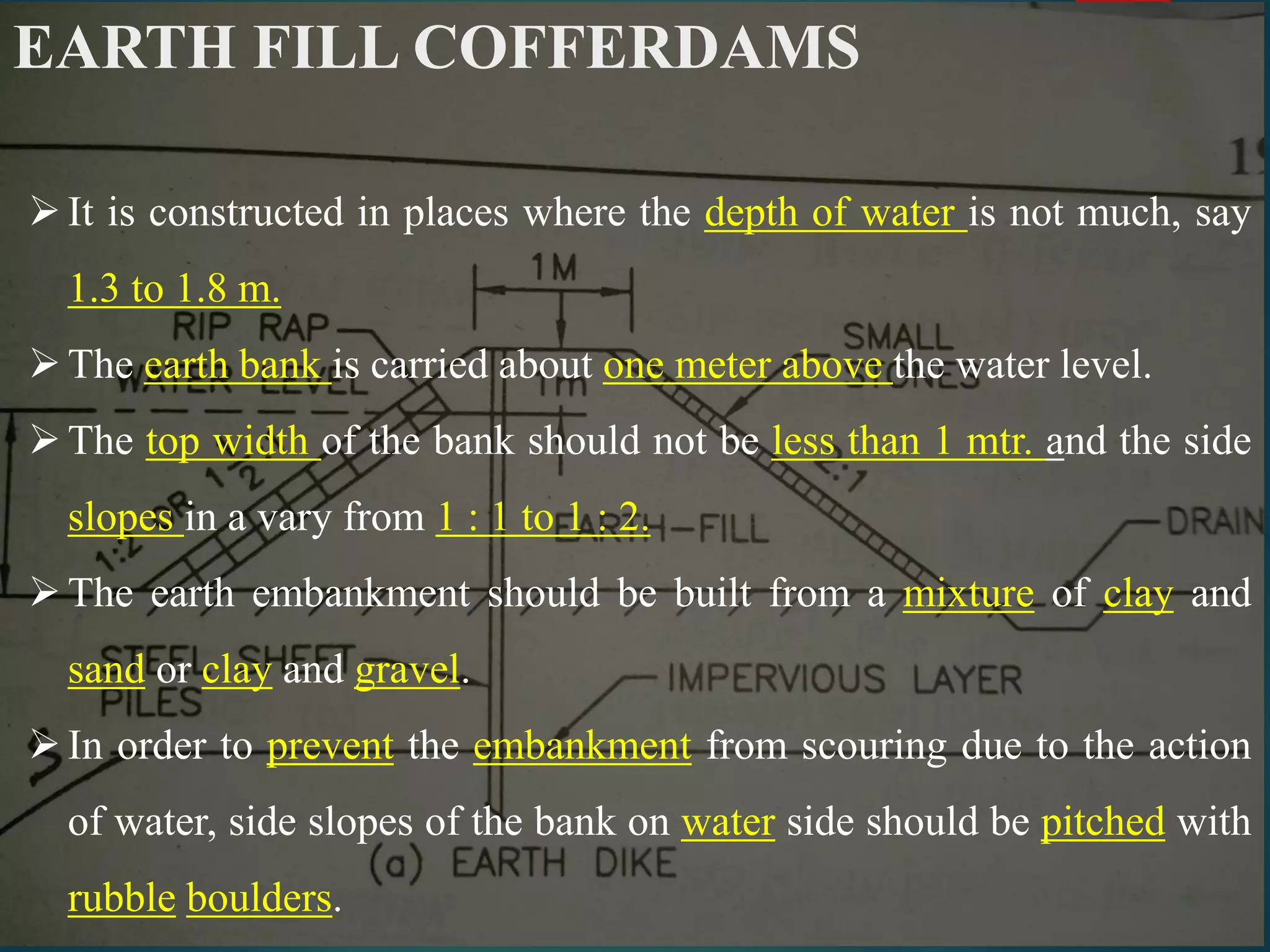 It is constructed in places where the depth of water is not much, say
1.3 to 1.8 m.
The earth bank is carried about one meter above the water level.
The top width of the bank should not be less than 1 mtr. and the side
slopes in a vary from 1 : 1 to 1 : 2.
The earth embankment should be built from a mixture of clay and
sand or clay and gravel.
In order to prevent the embankment from scouring due to the action
of water, side slopes of the bank on water side should be pitched with
rubble boulders.
EARTH FILL COFFERDAMS
 