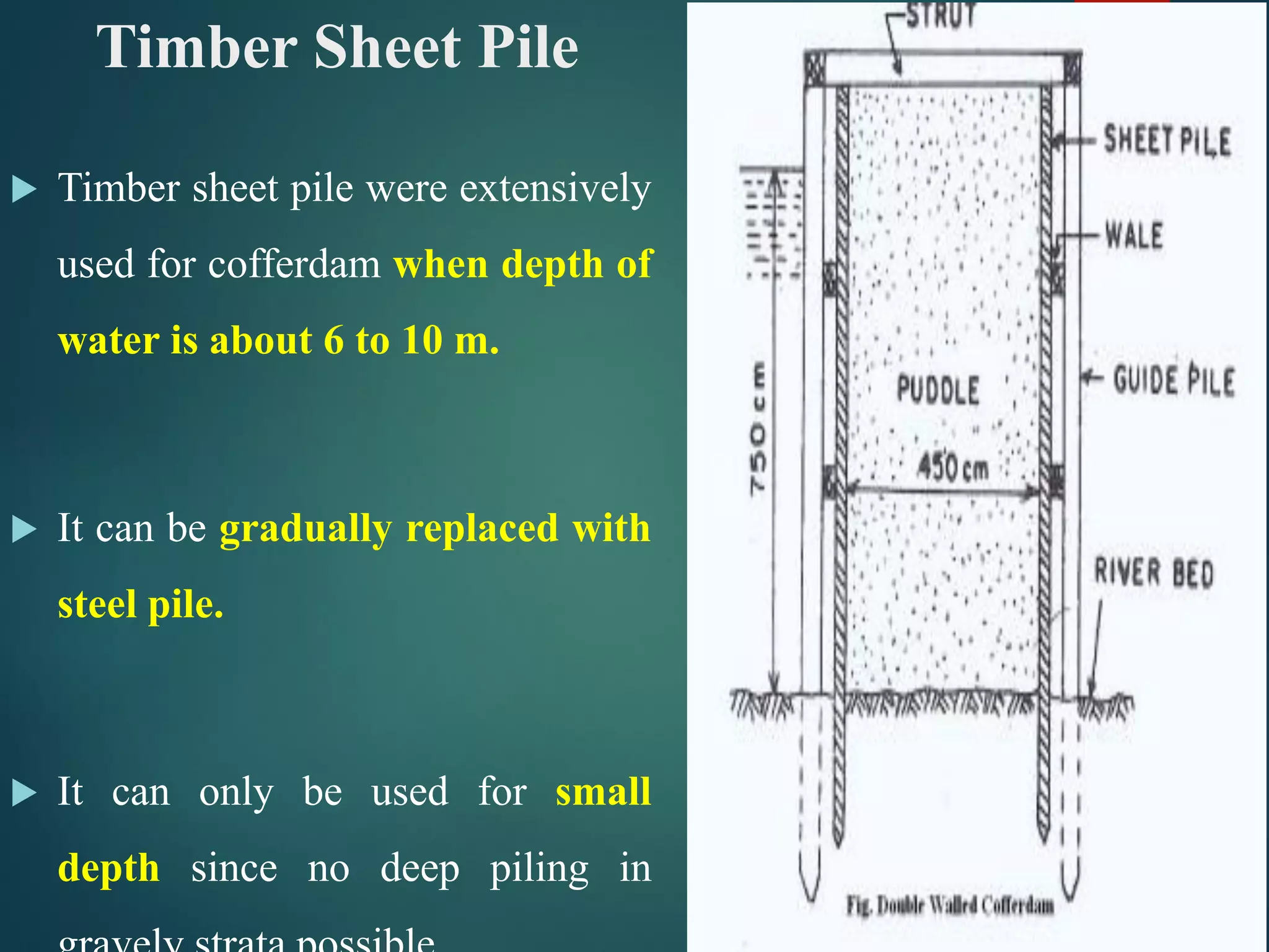 Timber Sheet Pile
 Timber sheet pile were extensively
used for cofferdam when depth of
water is about 6 to 10 m.
 It can be gradually replaced with
steel pile.
 It can only be used for small
depth since no deep piling in
37
 