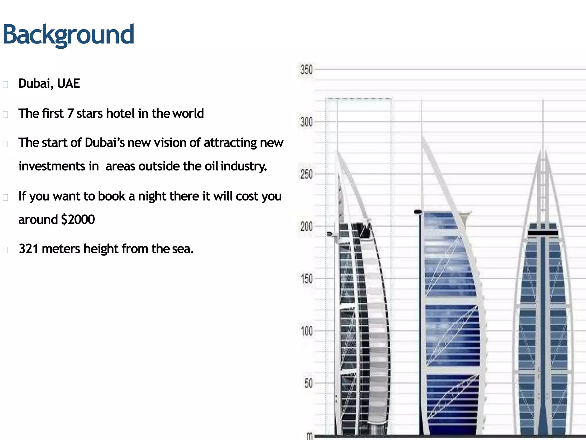 Background
Dubai, UAE
The first 7 stars hotel in theworld
The start of Dubai’s new vision of attracting new
investments in areas outside the oilindustry.
If you want to book a night there it will cost you
around $2000
321 meters height from thesea.
8
6
 