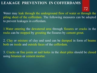 72
Water may leak through the underground flow of water or through the
piling sheet of the cofferdam. The following measures can be adopted
to prevent leakages in cofferdam.
1.Water entering the dewatered area through fissures or cracks in the
rocks can be stopped by grouting the fissures by cement grout.
2. Clay or mixture of clay and sand can be dumped in form of beams
both on inside and outside faces of the cofferdam.
3. Cracks or fine joints or nail holes in the sheet piles should be closed
using bitumen or cement mortar.
LEAKAGE PREVENTION IN COFFERDAMS
 
