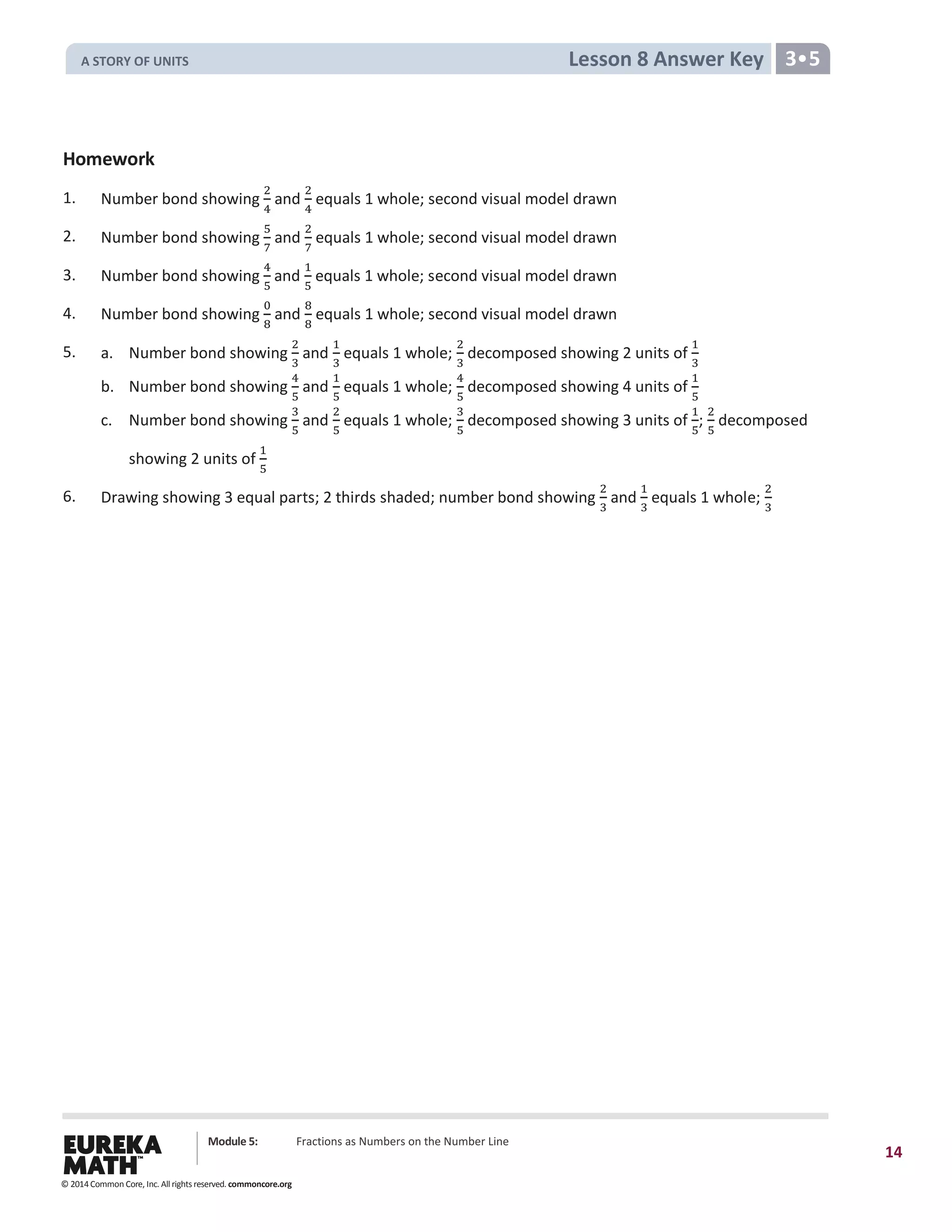 Module 5: Fractions as Numbers on the Number Line
14
Lesson 8 Answer Key 3•5
Homework
1. Number bond showing
2
4
and
2
4
equals 1 whole; second visual model drawn
2. Number bond showing
5
7
and
2
7
equals 1 whole; second visual model drawn
3. Number bond showing
4
5
and
1
5
equals 1 whole; second visual model drawn
4. Number bond showing
0
8
and
8
8
equals 1 whole; second visual model drawn
5. a. Number bond showing
2
3
and
1
3
equals 1 whole;
2
3
decomposed showing 2 units of
1
3
b. Number bond showing
4
5
and
1
5
equals 1 whole;
4
5
decomposed showing 4 units of
1
5
c. Number bond showing
3
5
and
2
5
equals 1 whole;
3
5
decomposed showing 3 units of
1
5
;
2
5
decomposed
showing 2 units of
1
5
6. Drawing showing 3 equal parts; 2 thirds shaded; number bond showing
2
3
and
1
3
equals 1 whole;
2
3
© 2014 Common Core, Inc. All rights reserved. commoncore.org
A STORY OF UNITS
 
