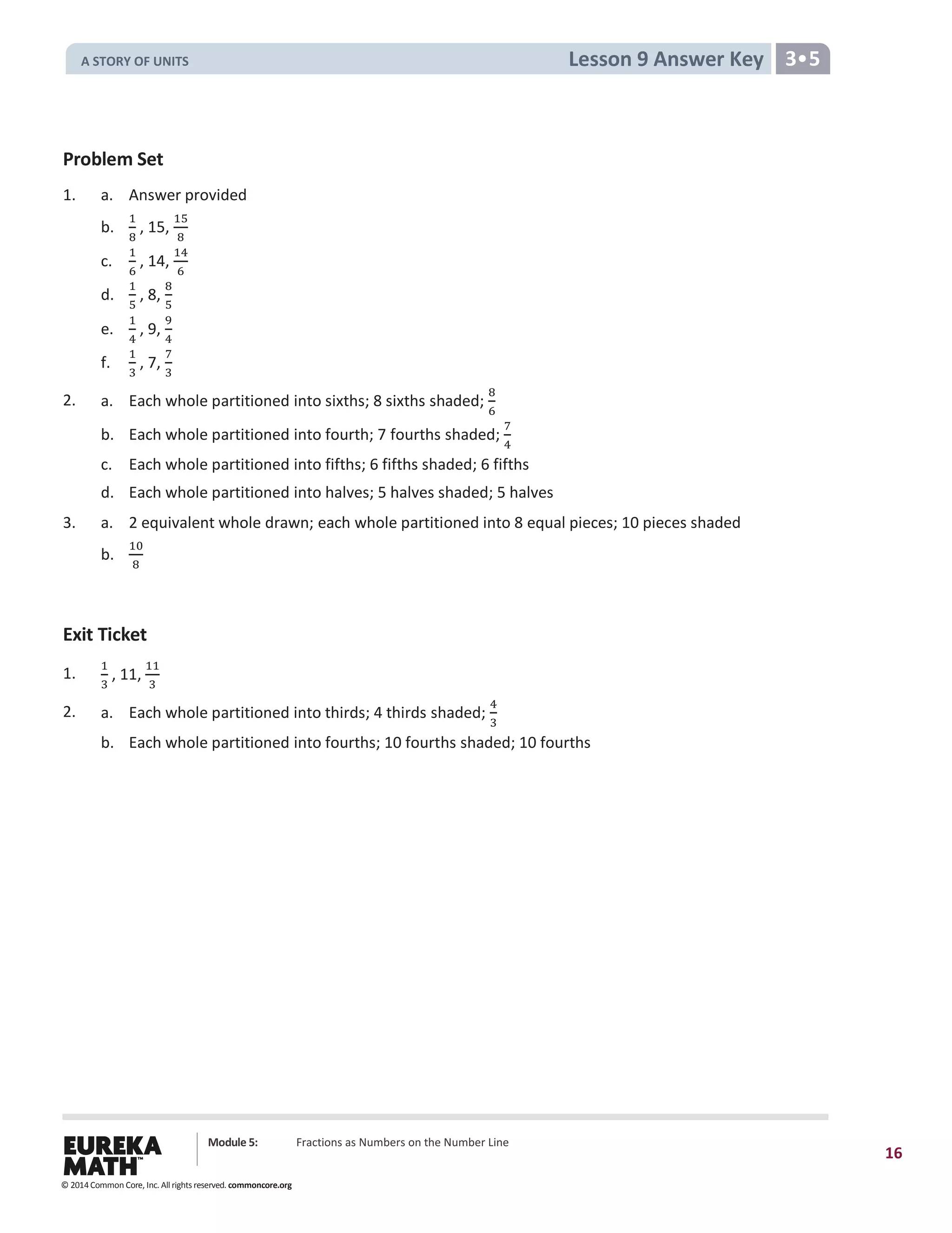 Module 5: Fractions as Numbers on the Number Line
16
Lesson 9 Answer Key 3•5
Problem Set
1. a. Answer provided
b.
1
8
, 15,
15
8
c.
1
6
, 14,
14
6
d.
1
5
, 8,
8
5
e.
1
4
, 9,
9
4
f.
1
3
, 7,
7
3
2. a. Each whole partitioned into sixths; 8 sixths shaded;
8
6
b. Each whole partitioned into fourth; 7 fourths shaded;
7
4
c. Each whole partitioned into fifths; 6 fifths shaded; 6 fifths
d. Each whole partitioned into halves; 5 halves shaded; 5 halves
3. a. 2 equivalent whole drawn; each whole partitioned into 8 equal pieces; 10 pieces shaded
b.
10
8
Exit Ticket
1.
1
3
, 11,
11
3
2. a. Each whole partitioned into thirds; 4 thirds shaded;
4
3
b. Each whole partitioned into fourths; 10 fourths shaded; 10 fourths
© 2014 Common Core, Inc. All rights reserved. commoncore.org
A STORY OF UNITS
 