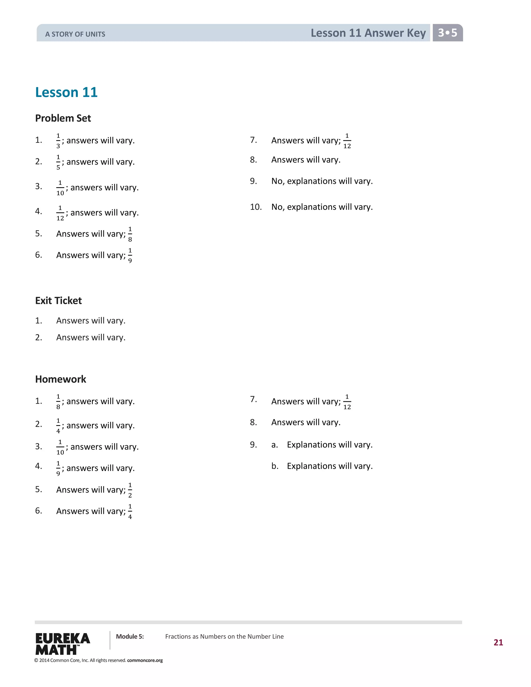 Module 5: Fractions as Numbers on the Number Line
21
Lesson 11 Answer Key 3•5
Lesson 11
Problem Set
1.
1
3
; answers will vary. 7. Answers will vary;
1
12
2.
1
5
; answers will vary. 8. Answers will vary.
3. 1
10
; answers will vary.
9. No, explanations will vary.
4. 1
12
; answers will vary.
10. No, explanations will vary.
5. Answers will vary;
1
8
6. Answers will vary;
1
9
Exit Ticket
1. Answers will vary.
2. Answers will vary.
Homework
1.
1
8
; answers will vary. 7. Answers will vary;
1
12
2. 1
4
; answers will vary. 8. Answers will vary.
3.
1
10
; answers will vary. 9. a. Explanations will vary.
4. 1
9
; answers will vary. b. Explanations will vary.
5. Answers will vary;
1
2
6. Answers will vary;
1
4
© 2014 Common Core, Inc. All rights reserved. commoncore.org
A STORY OF UNITS
 