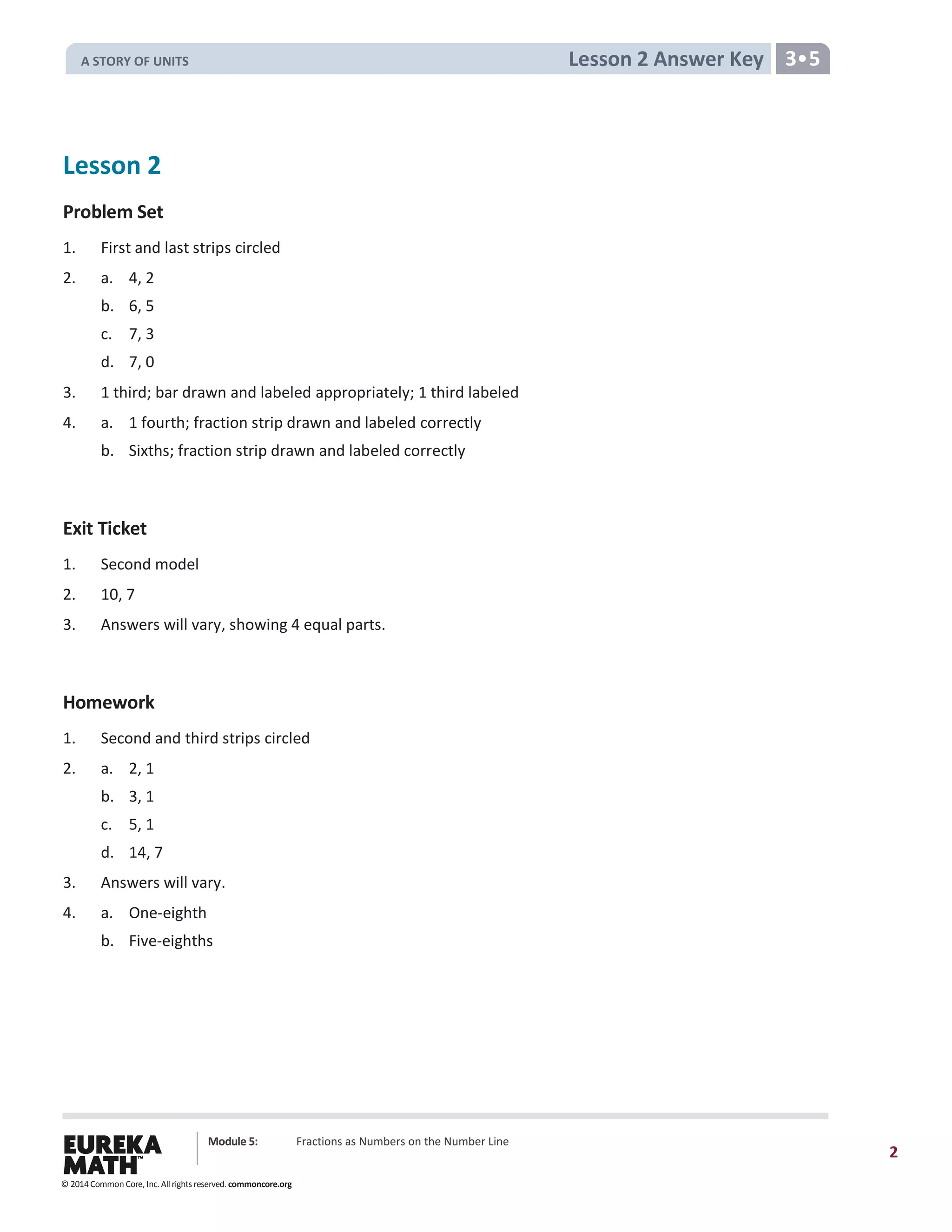 Module 5: Fractions as Numbers on the Number Line
2
Lesson 2 Answer Key 3•5
Lesson 2
Problem Set
1. First and last strips circled
2. a. 4, 2
b. 6, 5
c. 7, 3
d. 7, 0
3. 1 third; bar drawn and labeled appropriately; 1 third labeled
4. a. 1 fourth; fraction strip drawn and labeled correctly
b. Sixths; fraction strip drawn and labeled correctly
Exit Ticket
1. Second model
2. 10, 7
3. Answers will vary, showing 4 equal parts.
Homework
1. Second and third strips circled
2. a. 2, 1
b. 3, 1
c. 5, 1
d. 14, 7
3. Answers will vary.
4. a. One-eighth
b. Five-eighths
© 2014 Common Core, Inc. All rights reserved. commoncore.org
A STORY OF UNITS
 