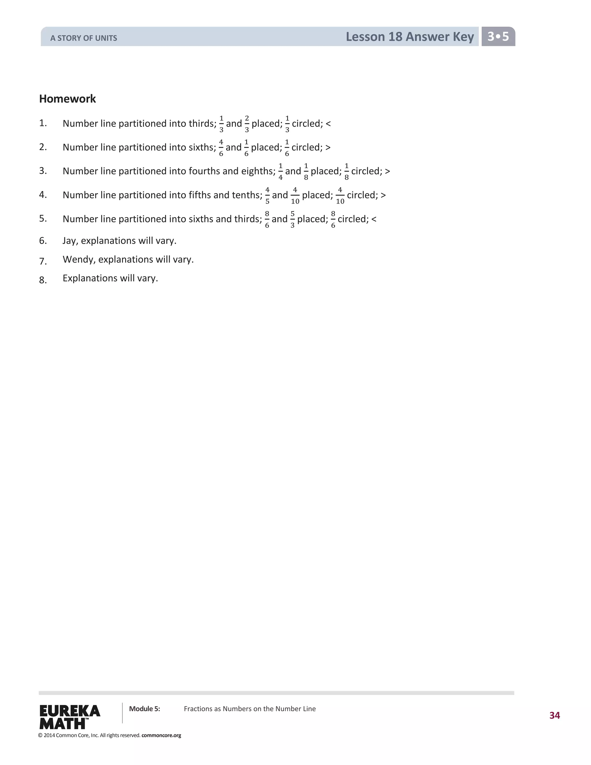 Module 5: Fractions as Numbers on the Number Line
34
Lesson 18 Answer Key 3•5
Homework
1. Number line partitioned into thirds;
1
3
and
2
3
placed;
1
3
circled; <
2. Number line partitioned into sixths;
4
6
and
1
6
placed;
1
6
circled; >
3. Number line partitioned into fourths and eighths;
1
4
and
1
8
placed;
1
8
circled; >
4. Number line partitioned into fifths and tenths;
4
5
and
4
10
placed;
4
10
circled; >
5. Number line partitioned into sixths and thirds;
8
6
and
5
3
placed;
8
6
circled; <
6. Jay, explanations will vary.
7. Wendy, explanations will vary.
8. Explanations will vary.
© 2014 Common Core, Inc. All rights reserved. commoncore.org
A STORY OF UNITS
 