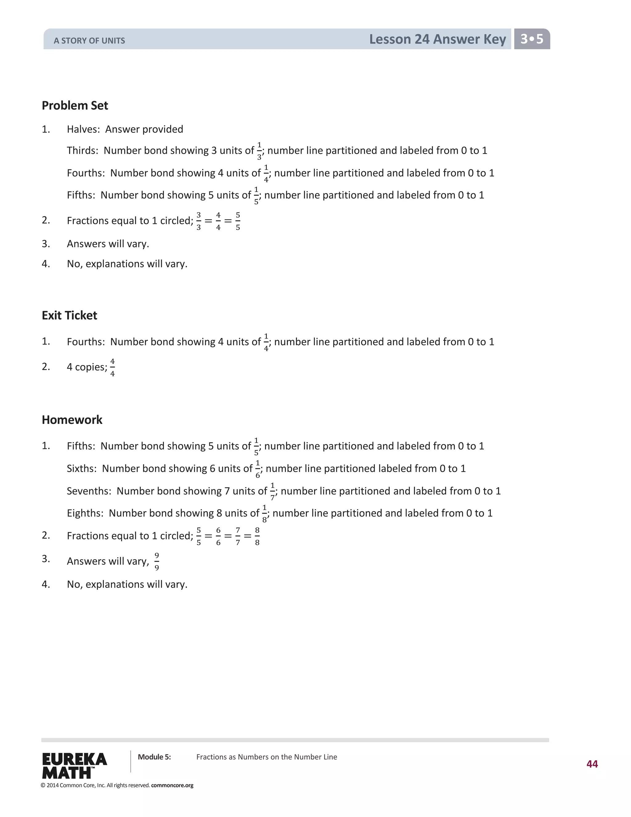 Module 5: Fractions as Numbers on the Number Line
44
Lesson 24 Answer Key 3•5
Problem Set
1. Halves: Answer provided
Thirds: Number bond showing 3 units of
1
3
; number line partitioned and labeled from 0 to 1
Fourths: Number bond showing 4 units of
1
4
; number line partitioned and labeled from 0 to 1
Fifths: Number bond showing 5 units of
1
5
; number line partitioned and labeled from 0 to 1
2. Fractions equal to 1 circled;
3
3
=
4
4
=
5
5
3. Answers will vary.
4. No, explanations will vary.
Exit Ticket
1. Fourths: Number bond showing 4 units of
1
4
; number line partitioned and labeled from 0 to 1
2. 4 copies;
4
4
Homework
1. Fifths: Number bond showing 5 units of
1
5
; number line partitioned and labeled from 0 to 1
Sixths: Number bond showing 6 units of
1
6
; number line partitioned labeled from 0 to 1
Sevenths: Number bond showing 7 units of
1
7
; number line partitioned and labeled from 0 to 1
Eighths: Number bond showing 8 units of
1
8
; number line partitioned and labeled from 0 to 1
2. Fractions equal to 1 circled;
5
5
=
6
6
=
7
7
=
8
8
3. Answers will vary,
9
9
4. No, explanations will vary.
© 2014 Common Core, Inc. All rights reserved. commoncore.org
A STORY OF UNITS
 