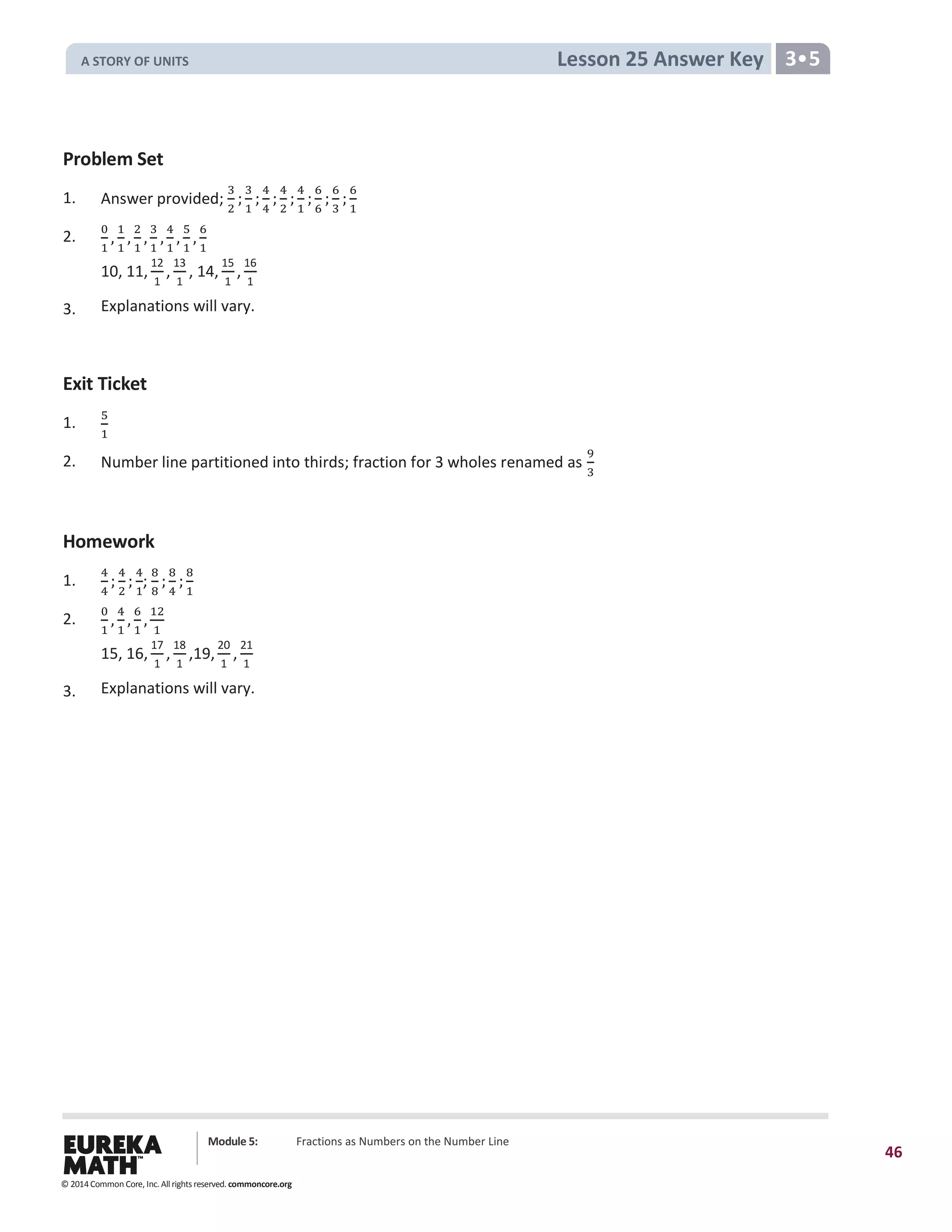 Module 5: Fractions as Numbers on the Number Line
46
Lesson 25 Answer Key 3•5
Problem Set
1. Answer provided;
3
2
;
3
1
;
4
4
;
4
2
;
4
1
;
6
6
;
6
3
;
6
1
2.
0
1
,
1
1
,
2
1
,
3
1
,
4
1
,
5
1
,
6
1
10, 11,
12
1
,
13
1
, 14,
15
1
,
16
1
3. Explanations will vary.
Exit Ticket
1.
5
1
2. Number line partitioned into thirds; fraction for 3 wholes renamed as
9
3
Homework
1.
4
4
;
4
2
;
4
1
;
8
8
;
8
4
;
8
1
2.
0
1
,
4
1
,
6
1
,
12
1
15, 16,
17
1
,
18
1
,19,
20
1
,
21
1
3. Explanations will vary.
© 2014 Common Core, Inc. All rights reserved. commoncore.org
A STORY OF UNITS
 