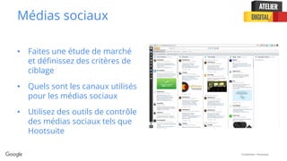 Confidential + Proprietary
Médias sociaux
• Faites une étude de marché
et définissez des critères de
ciblage
• Quels sont les canaux utilisés
pour les médias sociaux
• Utilisez des outils de contrôle
des médias sociaux tels que
Hootsuite
 