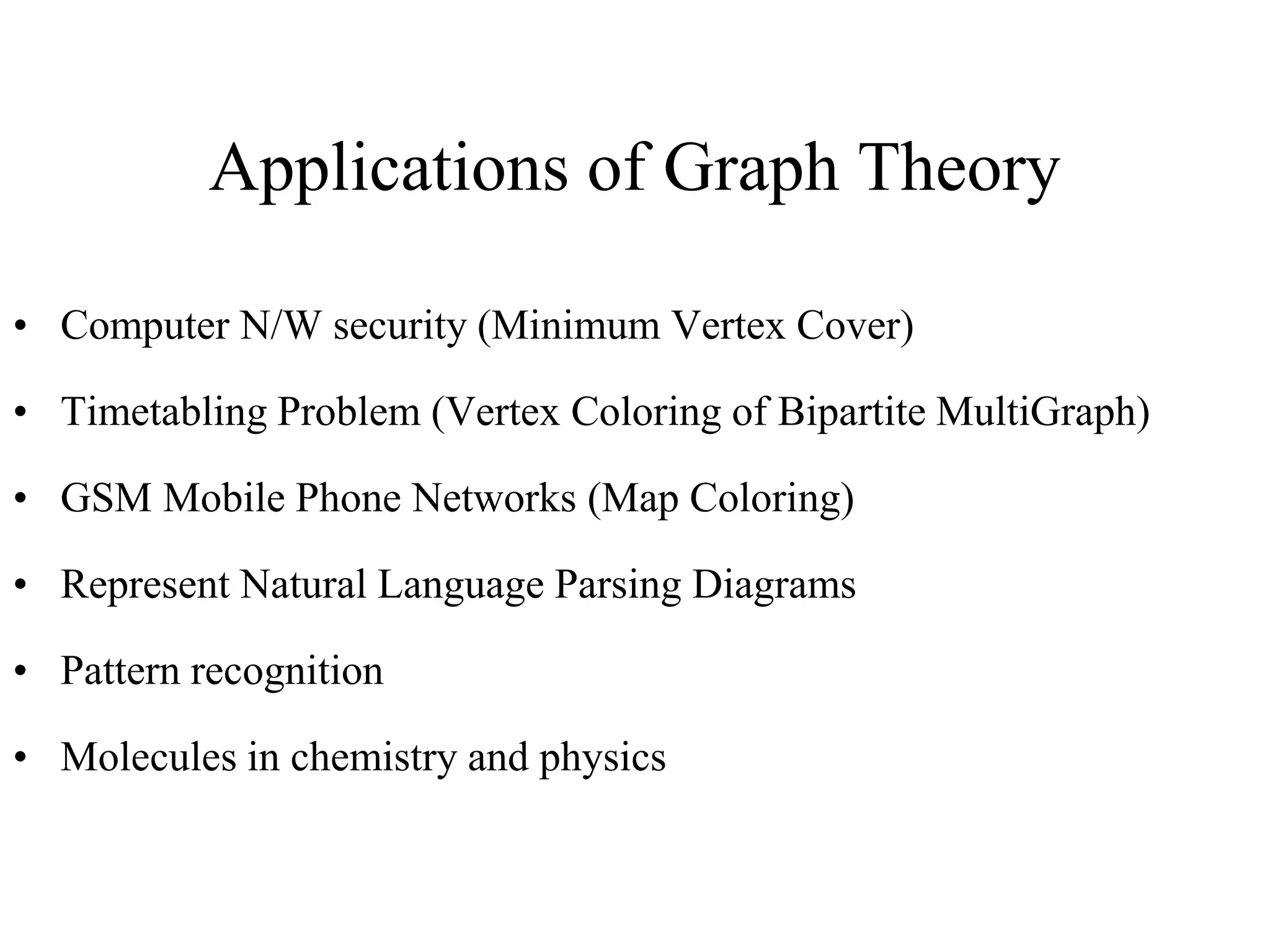 Applications of Graph Theory
• Computer N/W security (Minimum Vertex Cover)
• Timetabling Problem (Vertex Coloring of Bipartite MultiGraph)
• GSM Mobile Phone Networks (Map Coloring)
• Represent Natural Language Parsing Diagrams
• Pattern recognition
• Molecules in chemistry and physics
 