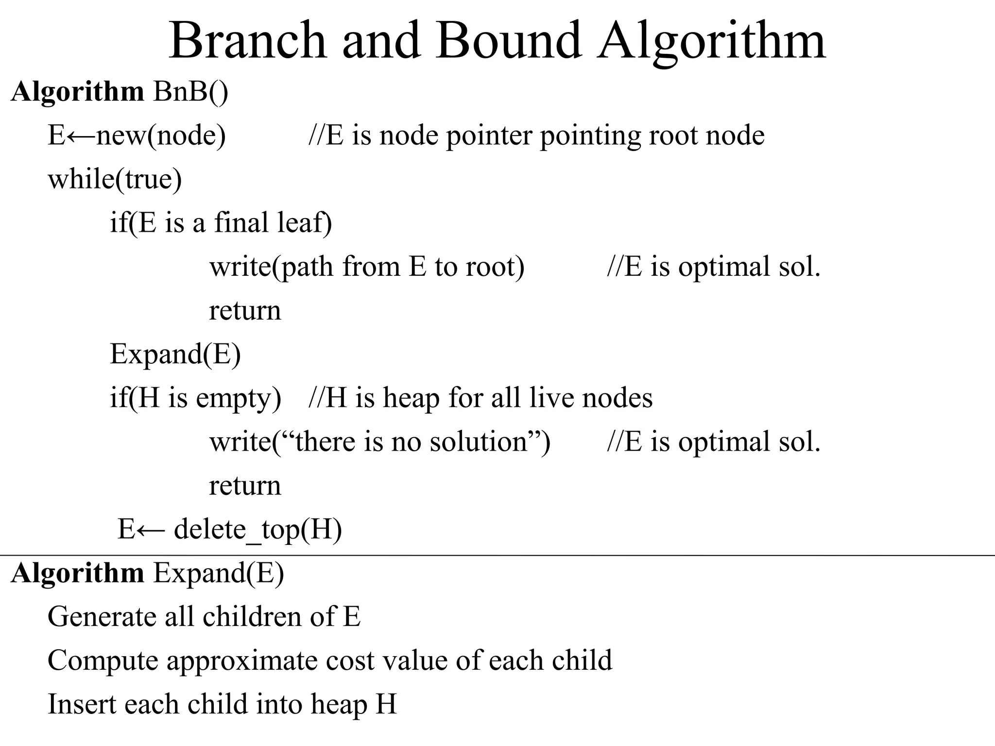 Branch and Bound Algorithm
Algorithm BnB()
E←new(node) //E is node pointer pointing root node
while(true)
if(E is a final leaf)
write(path from E to root) //E is optimal sol.
return
Expand(E)
if(H is empty) //H is heap for all live nodes
write(“there is no solution”) //E is optimal sol.
return
E← delete_top(H)
Algorithm Expand(E)
Generate all children of E
Compute approximate cost value of each child
Insert each child into heap H
 