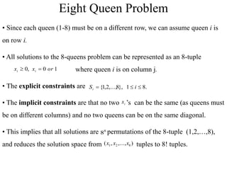 • Since each queen (1-8) must be on a different row, we can assume queen i is
on row i.
• All solutions to the 8-queens problem can be represented as an 8-tuple
where queen i is on column j.
• The explicit constraints are
• The implicit constraints are that no two ’s can be the same (as queens must
be on different columns) and no two queens can be on the same diagonal.
• This implies that all solutions are permutations of the 8-tuple (1,2,…,8),
and reduces the solution space from tuples to 8! tuples.
1
0
,
0 or
x
x i
i 

)
,...,
,
( 8
2
1 x
x
x
.
8
1
},
8
,...,
2
,
1
{ 

 i
Si
8
8
i
x
Eight Queen Problem
 