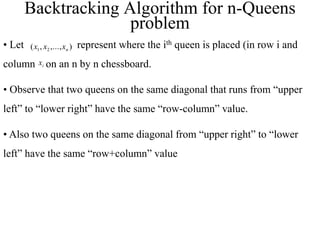 Backtracking Algorithm for n-Queens
problem
• Let represent where the ith queen is placed (in row i and
column on an n by n chessboard.
• Observe that two queens on the same diagonal that runs from “upper
left” to “lower right” have the same “row-column” value.
• Also two queens on the same diagonal from “upper right” to “lower
left” have the same “row+column” value
)
,...,
,
( 2
1 n
x
x
x
i
x
 