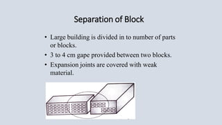 Separation of Block
• Large building is divided in to number of parts
or blocks.
• 3 to 4 cm gape provided between two blocks.
• Expansion joints are covered with weak
material.
 