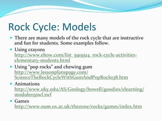 Rock	
  Cycle:	
  Models	
  
—  There	
  are	
  many	
  models	
  of	
  the	
  rock	
  cycle	
  that	
  are	
  instructive	
  
and	
  fun	
  for	
  students.	
  Some	
  examples	
  follow.	
  	
  
—  Using	
  crayons	
  
http://www.ehow.com/list_5919514_rock-­‐cycle-­‐activities-­‐
elementary-­‐students.html	
  	
  
—  Using	
  “pop	
  rocks”	
  and	
  chewing	
  gum	
  
http://www.lessonplanspage.com/
ScienceTheRockCycleWithGumAndPopRocks38.htm	
  
—  Animations	
  
http://www.uky.edu/AS/Geology/howell/goodies/elearning/
module05swf.swf	
  
—  Games	
  
http://www.oum.ox.ac.uk/thezone/rocks/games/index.htm	
  	
  
 