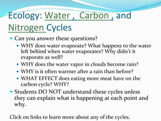 Ecology:	
  Water	
  ,	
  	
  Carbon	
  ,	
  and	
  
Nitrogen	
  Cycles	
  
—  Can	
  you	
  answer	
  these	
  questions?	
  	
  
—  WHY	
  does	
  water	
  evaporate?	
  What	
  happens	
  to	
  the	
  water	
  
left	
  behind	
  when	
  water	
  evaporates?	
  Why	
  didn’t	
  it	
  
evaporate	
  as	
  well?	
  	
  
—  WHY	
  does	
  the	
  water	
  vapor	
  in	
  clouds	
  become	
  rain?	
  	
  
—  WHY	
  is	
  it	
  often	
  warmer	
  after	
  a	
  rain	
  than	
  before?	
  
—  WHAT	
  EFFECT	
  does	
  eating	
  more	
  meat	
  have	
  on	
  the	
  
carbon	
  cycle?	
  WHY?	
  	
  
—  Students	
  DO	
  NOT	
  understand	
  these	
  cycles	
  unless	
  
they	
  can	
  explain	
  what	
  is	
  happening	
  at	
  each	
  point	
  and	
  
why.	
  	
  
Click	
  on	
  links	
  to	
  learn	
  more	
  about	
  any	
  of	
  the	
  cycles.	
  	
  
 