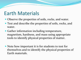 Earth	
  Materials	
  
—  Observe	
  the	
  properties	
  of	
  soils,	
  rocks,	
  and	
  water.	
  	
  
—  Test	
  and	
  describe	
  the	
  properties	
  of	
  soils,	
  rocks,	
  and	
  
water.	
  	
  
—  Gather	
  information	
  including	
  temperature,	
  
magnetism,	
  hardness,	
  and	
  mass	
  using	
  appropriate	
  
tools	
  to	
  identify	
  physical	
  properties	
  of	
  matter.	
  
—  Note	
  how	
  important	
  it	
  is	
  for	
  students	
  to	
  test	
  for	
  
themselves	
  and	
  to	
  identify	
  the	
  physical	
  properties	
  of	
  
Earth	
  materials.	
  	
  
 