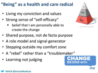 #SHCR @school4radicals#SHCR @School4Radicals
“Being” as a health and care radical
CHANGE
me
BEGINS WITH
• Living my conviction and values
• Strong sense of “self-efficacy”
 belief that I am personally able to
create the change
• Shared purpose, not de facto purpose
• A role model and signal generator
• Stepping outside my comfort zone
• A “rebel” rather than a “troublemaker”
• Learning not judging
 