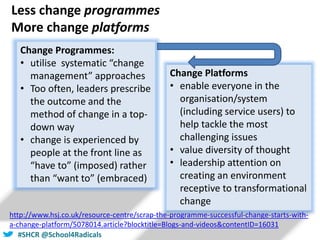 #SHCR @school4radicals#NHSChangeDay #SHCRchat#SHCR @School4Radicals
Less change programmes
More change platforms
Change Programmes:
• utilise systematic “change
management” approaches
• Too often, leaders prescribe
the outcome and the
method of change in a top-
down way
• change is experienced by
people at the front line as
“have to” (imposed) rather
than “want to” (embraced)
Change Platforms
• enable everyone in the
organisation/system
(including service users) to
help tackle the most
challenging issues
• value diversity of thought
• leadership attention on
creating an environment
receptive to transformational
change
http://www.hsj.co.uk/resource-centre/scrap-the-programme-successful-change-starts-with-
a-change-platform/5078014.article?blocktitle=Blogs-and-videos&contentID=16031
 