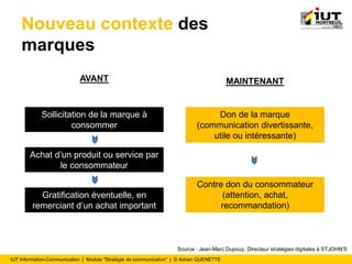 IUT Information-Communication | Module "Stratégie de communication" | © Adrien QUENETTE
Nouveau contexte des
marques
AVANT
Sollicitation de la marque à
consommer
Achat d’un produit ou service par
le consommateur
Gratification éventuelle, en
remerciant d’un achat important
ou régulier
MAINTENANT
Don de la marque
(communication divertissante,
utile ou intéressante)
Contre don du consommateur
(attention, achat,
recommandation)
Source : Jean-Marc Dupouy, Directeur stratégies digitales à STJOHN'S
 